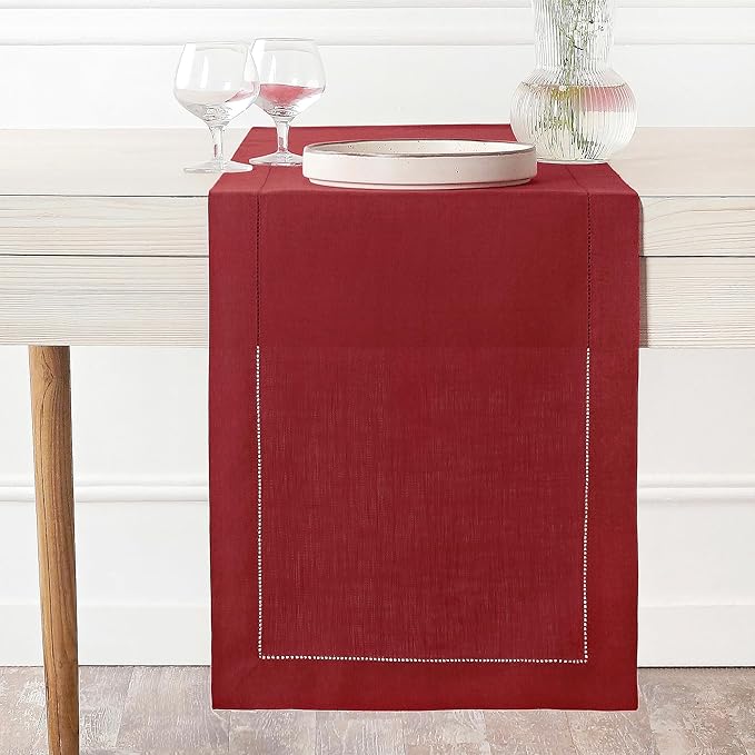 D'Moksha Homes Linen Red Table Runner 36 Inches - 100% Pure Linen Small Table Runner 14 x 36 Inch Ideal for Dresser, Coffee Tables, Valentines, Spring - Classic Hemstitch