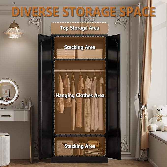 Metal Armoire Wardrobe Closet with Hanging Rod, 71" Tall Wardrobe Cabinet for Clothes, Black Clothing Storage Cabinet with Doors and Shelves, Large Wardrobes for Bedroom, Office, Employee