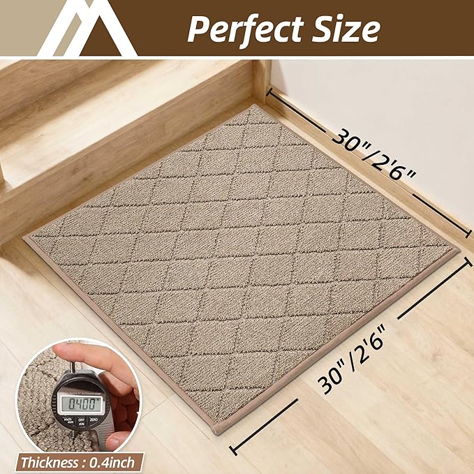 COSY HOMEER Edging Stair Treads Non-Slip Corner Indoor Stair Runners for Wooden Steps,Landing Slip Resistant Stair Rugs Mat for Kids and Dogs,100% Polyester TPE Backing,Beige,30x30 inch