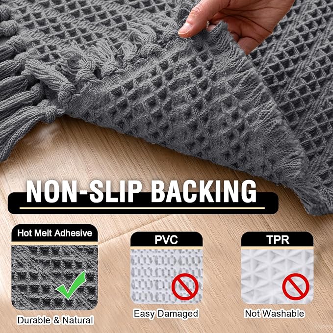 H.VERSAILTEX Waffle Bath Runner Rug Long Bath Mat Super Absorbent Boho Bath Rugs Non Slip Bath Runner for Bathroom Floor Machine Washable Dry Fast Bathroom Rugs with Tassels, 24" x 72", Gray