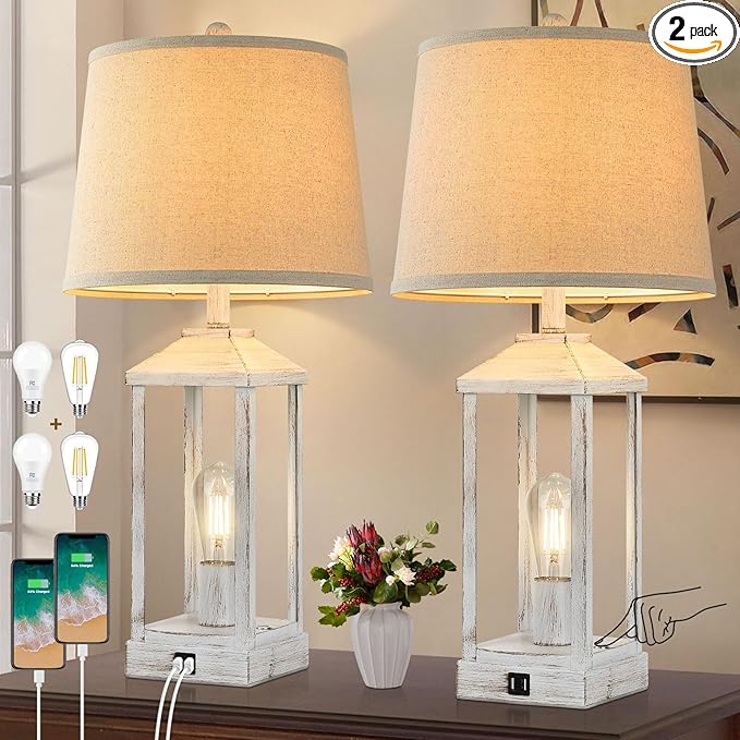 28" Farmhouse Table Lamps for Living Room Set of 2, 3-Way Dimmable Bedside Lamp with USB Ports, White Rustic Touch Control Nightstand Lamps for Bedroom, Modern Desk Lamp for Office, 4 Bulbs Included