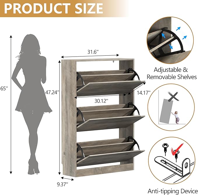 Shoe Cabinet with 3 Flip Drawers, 47" Slim Hidden Wood Shoe Storage Cabinet with Adjustable Shelf, Freestanding Narrow Shoe Rack Organizer for Entryway, Hallway, Grey