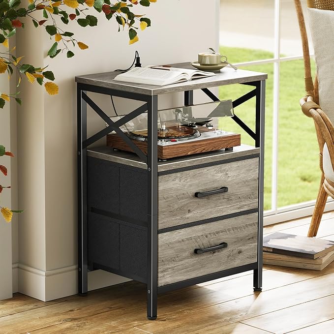 Huuger Night Stand with Charger Station, 2 Drawer Nightstand with Open Shelf, Bed Side Table with USB-C Port, End Table, Compact Size for Small Spaces, X Shaped Side Rail, Oak