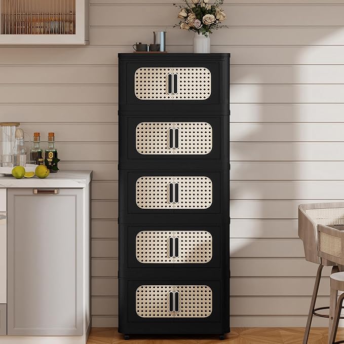 5 Tiers Folding Storage Cabinet,20" Side Wide Stackable Storage Bins with Doors and Wheels, Space Saving Plastic Cabinet for Living Room, Office, Dorm, Retro Black
