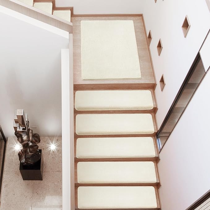 PURE ERA Carpet Stair Treads Ultra Plush 9.5" X 30"Soft Bullnose Indoor Stair Protectors Pet-Friendly Non-Slip Skid Resistant Tape Free Washable Reusable(7 Pieces,White)