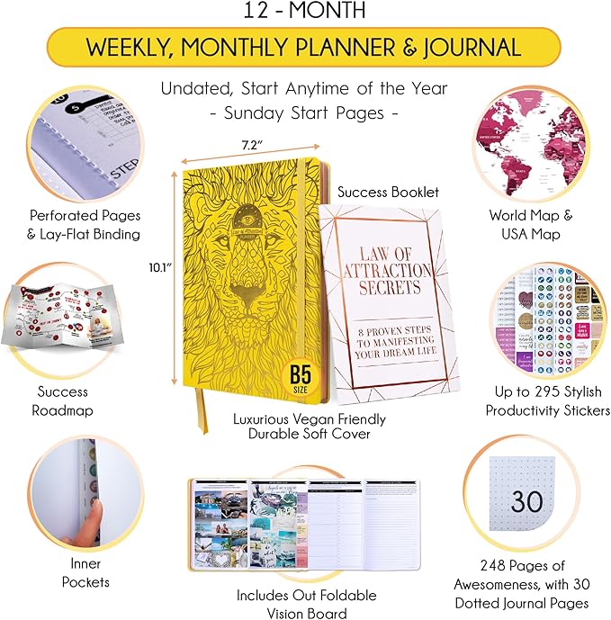 Law of Attraction Planner – Undated Hourly, Weekly & Monthly Goal Setting Planner, 12-Month to Increase Productivity | Life & Gratitude Journal, Include Foldable Vision Board, Gift Box & Stickers