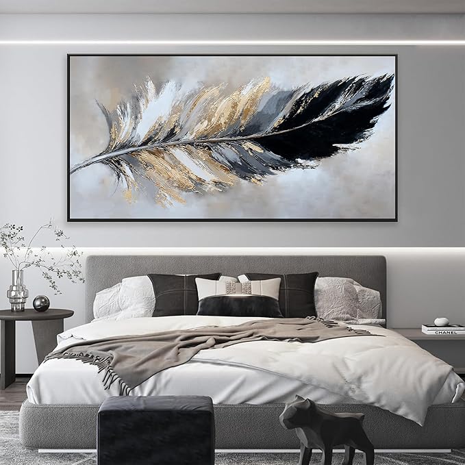Canvas Art Wall Decor Modern Large Wall Decor Abstract Wall Art for Living Room Modern Home Decorations 29"X58" With Framed Painting Black and Gold Minimalist Abstract Art Feather Home Artwork