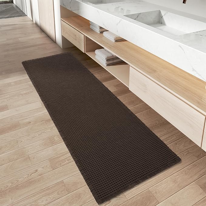 Upgraded Waffle Runner Rug Super Absorbent Non Slip Bath Mats for Bathroom Machine Washable Bathroom Runner Rug with Tassels, Ideal for Hallway Bedroom Laundry Room, Chocolate, 2'x 5'(24" x 60")