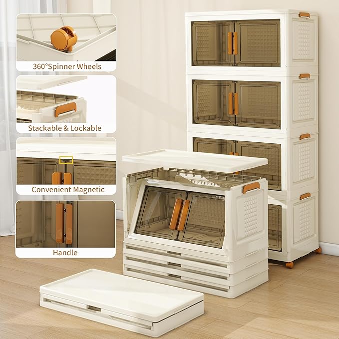 Plastic Stackable Storage Bins with 2 Lids and Wheels, 912QT-152QT*6Tier Foldable Closet Organizers and Containers, Collapsible Clear Drawer Storage Cabinet with Doors Ivory White