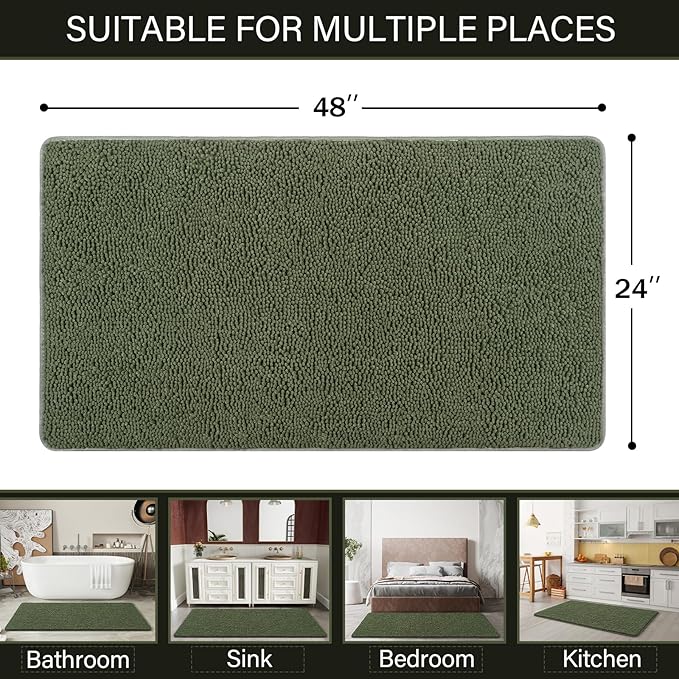 LOCHAS Luxury Bathroom Rug Shaggy Bath Mat 24 x 48 Inch, Washable Non Slip Bath Rugs for Bathroom Shower, Soft Plush Chenille Absorbent Carpets Mats, Olive Green