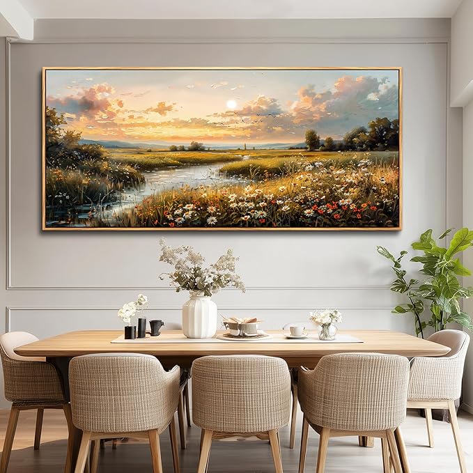 FUHAIHUA Wood Framed Canvas Wall Art For Living Room Large Wall Decor For Office Bedroom Decorations Sunset Landscape Pictures Farmhouse Painting Artwork Room Wall Mural Aesthetic Home Decor 32x72 In