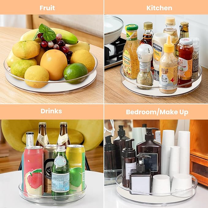 2 Pack Lazy Susan Organizer for Cabinet：Lazy Susan Turntable (8 Inch) with Non-Slip Mat and Handles,Turntable Rack for Kitchen,Pantry,Refrigerator,Bathroom and Vanity Countertop