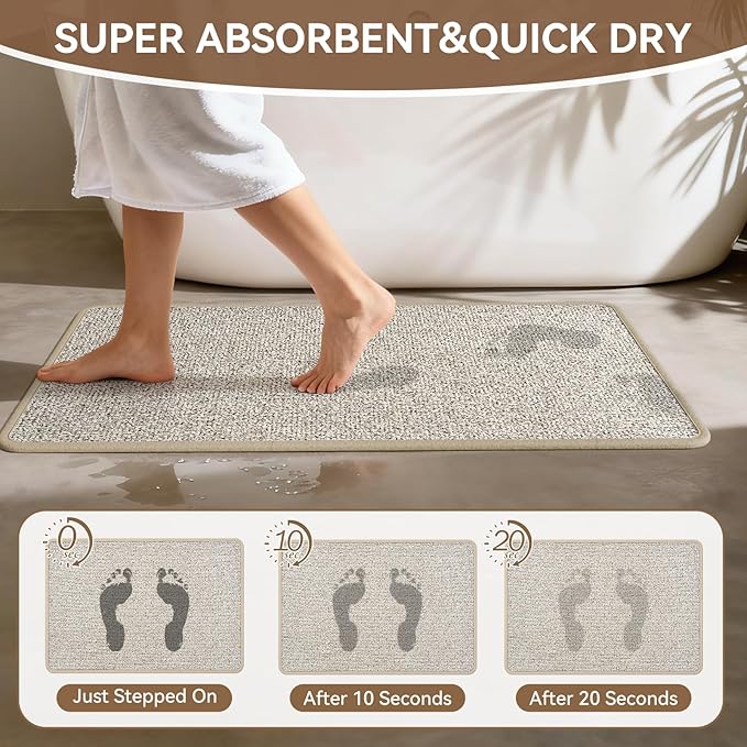 16"x24" Absorbent Quick Dry Bath Mats, Non-Slip Rubber Backing Bathroom Rug, Washable Bath Rugs for Bathroom Floor, Sink and Outside Shower, Low Pile Rug Fit Under Door, Minimalism, Brown