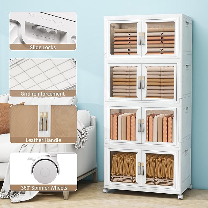Large Clear Stackable Storage Bins with Lids, 398QT-99.5QT*4Tier Foldable Cabinet for Closet Organizers, Plastic Storage Box with Wheels White