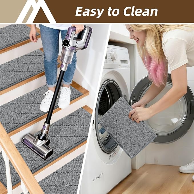 COSY HOMEER Stair Treads for Wooden Steps 9"x28" Washable Indoor Carpet Stair Treads Non Slip Soft Polyester Stair Carpet Tread Reusable Stair Runner Rugs for Kids, Elders,Pets,Medium Grey,7pcs