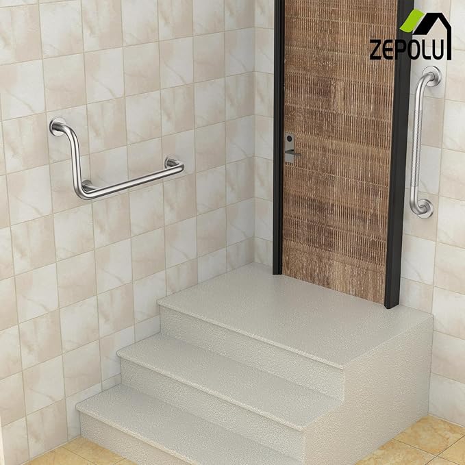 Brushed Nickel L-Shaped Grab Bar 12x24 Inch + Knurled Shower Grab Rail 20 Inch, Zepolu Stainless Steel Toilet Safety Bar 90 Degree, Angled Balance Support Assist Bar, Bathroom Mobility Aid Handrail