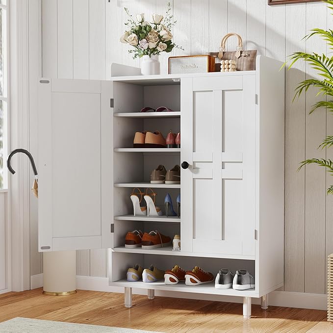 Entryway Shoe Cabinet with Doors, 6-Tier Farmhouse Shoe Storage Organizer with Adjustable Shelves Holds 18-26 Pairs and Metal Legs, Entry Organizer Entryway, Living Room (White)