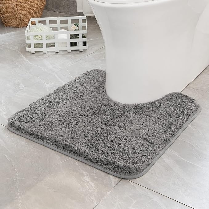 MIULEE Microfiber Toilet Bath Mat U-Shaped Contour Shaggy Bathroom Rugs Non Slip Extra Thick Soft Bath Rug Absorbent Water for Bathroom Commode Machine Washable(20x20 Inch, Grey)