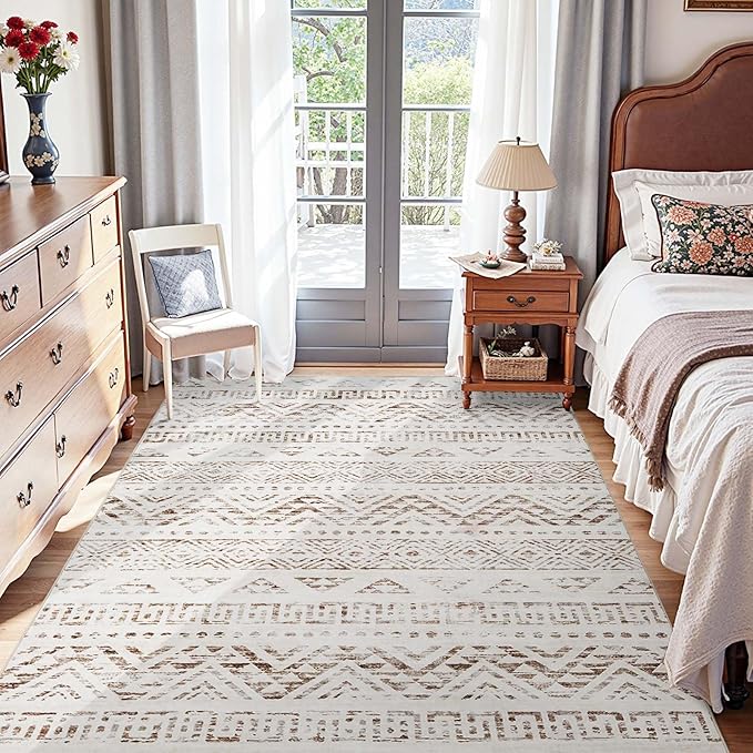 jinchan Boho 4x6 Neutral Area Rugs - Machine Washable Moroccan Soft Throw Rug Bohemian Diamond Design Non-Slip Carpet for Bedroom Entryway Living Room Kitchen Dining Room (4‘x6', Mocha)