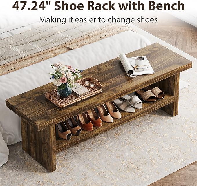 2 Tier Entryway Bench, 47.24" Shoe Bench, Rustic Shoe Rack, Wooden Storage Bench for Entryway Hallway Living Room Bedroom, Easy Assembly, Rustic Brown