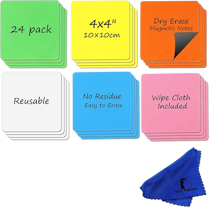 Dry Erase Magnets Set - 24 Pack - 4x4 in Whiteboard Magnetic Planning Pads Labels - Small White Board Magnet Strips Name Tags for Home and Office