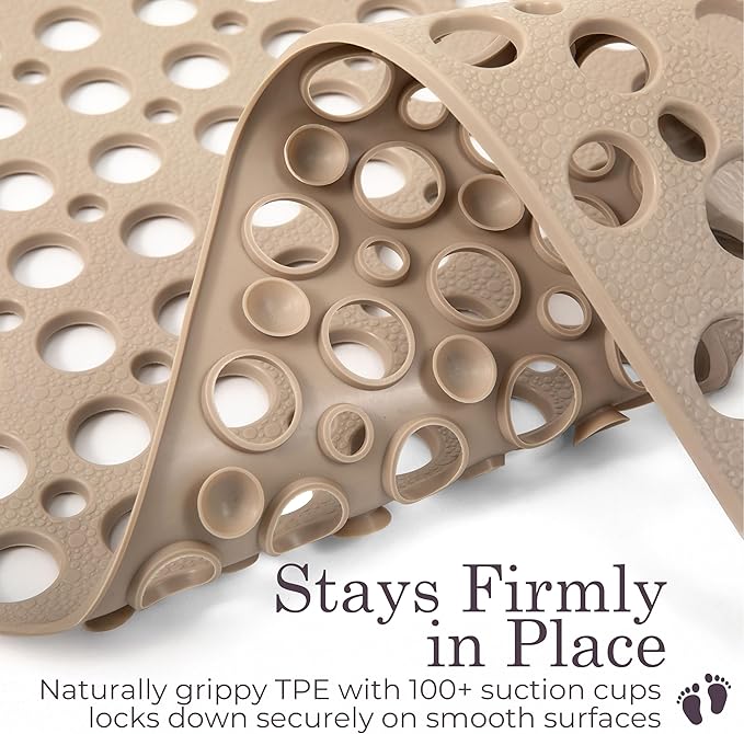 Non Slip Bathtub Mat and Shower Mat Beige TPE Strong Suction Cups Aesthetic Bath Mat for Inside Shower with Soft Texture, Quick-Dry Drain Holes, Spa-Inspired Design 30x17” (75x43 cm)