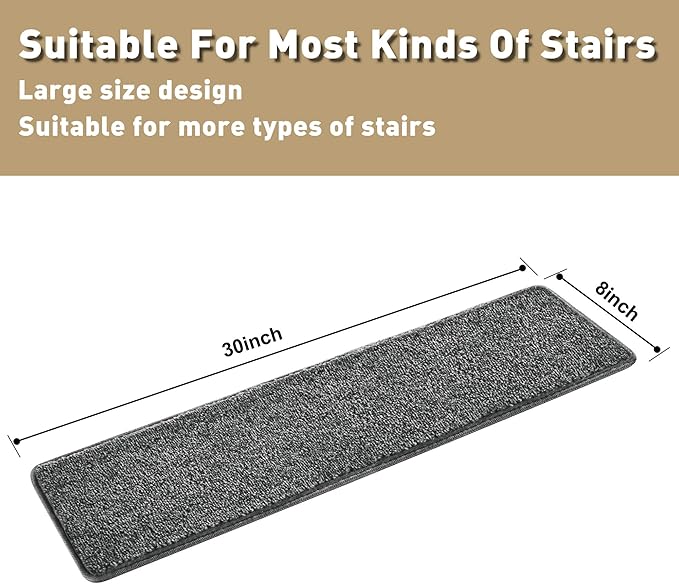 PURE ERA Carpet Stair Treads Tape Free Non Slip Indoor Stair Carpet Stair Protectors Pet-Friendly Non-Slip Skid Resistant Washable Reusable 8" x 30"(2 Pieces,Dark Gray)