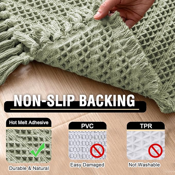 H.VERSAILTEX Waffle Bath Runner Rug Long Bath Mat Super Absorbent Boho Bath Rugs Non Slip Bath Runner for Bathroom Floor Machine Washable Dry Fast Bathroom Rugs with Tassels, 24" x 60", Sage