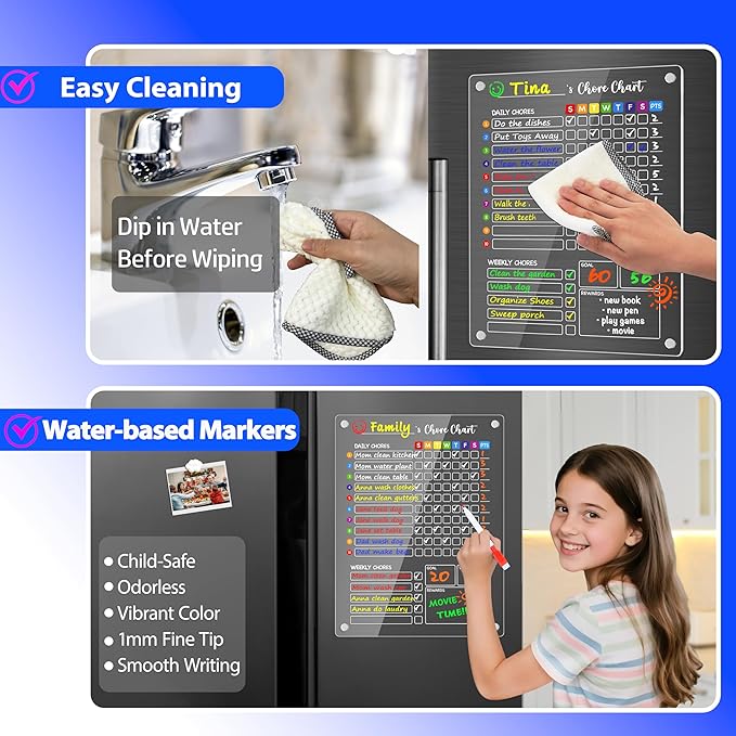 PigPotParty Acrylic Magnetic Chore Chart for Kids, 12"x16" Reward Responsibility Chart, Chores Checklist, 1 Weekly Dry Erase Fridge Board for Teens Adult Family Multiple Kids, w/ 12 Markers & Towel