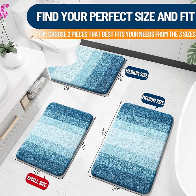 OLANLY Bathroom Rug Set 2 Piece, Soft Absorbent Microfiber Bath Mats and U-Shaped Contour Toilet Rug, Non-Slip, Machine Wash Dry, Plush Shaggy Bath Mats for Bathroom (30"x20"+24"x20", Peacock Blue)