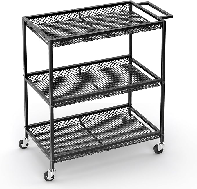 3 Tier Rolling Utility Kitchen Cart, Heavy Duty Wire Rolling Cart on Wheels, Commercial Metal Serving Carts with Handle, Kitchen Island Plant Shelf Food Storage Trolley for Laundry, Office, Garage