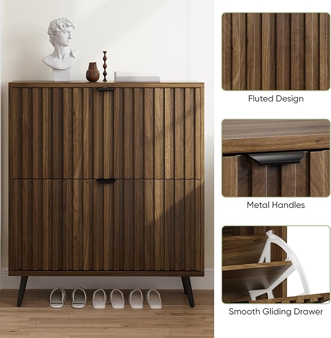 Smuxee Shoe Cabinet with 2 Flip Drawers, 31.5" Walnut Hidden Shoe Storage Cabinet with Fluted Design, Freestanding Shoe Organizer Cabinet for Entryway, Hallway, Closet, Living Room