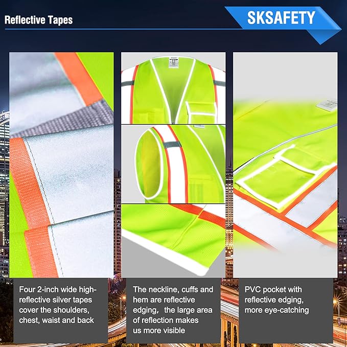 SKSAFETY 10 Pockets Safety Vest, Class 2 High Visibility Security with Zipper, Hi Vis Vest with Reflective Strips, ANSI/ISEA Standard, Construction Work Vest for Men ＆ Women （Lime, 5XL）