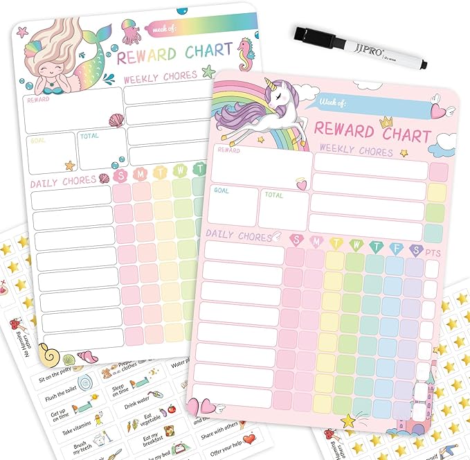 Magnetic Dry Erase Chore Chart for Two Kids, Reward Chart for Kids Behavior. Includes 52 Static Tasks, 126 Golden Stars and Unicorn & Iridescent Mermaid Magnetic Charts Each