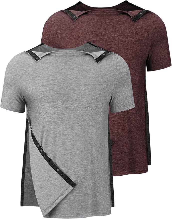 Men's Post Shoulder Surgery Recovery Shirts Tear Away Short Sleeve Full Open Side Snap Dialysis Chemo Clothing
