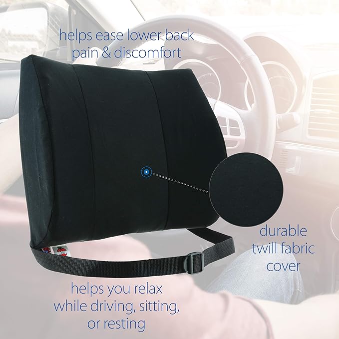 Core Products Sitback Rest Cushion Lumbar Support for Lower Back & Office Chair, Adjustable Strap Contoured Foam, Black - 13" x 14" x 5", Made in The USA