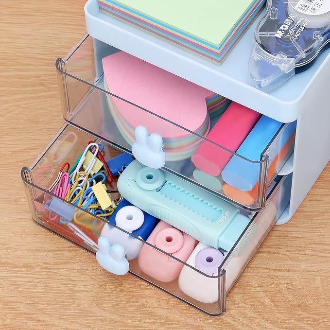 LETURE Small Desk Organizer With Drawer, Office Desktop Storage Box, Business Card/Pen/Pencil/Mobile Phone/Stationery Holder Storage Box, Makeup Organizer for Office School Home (Blue)