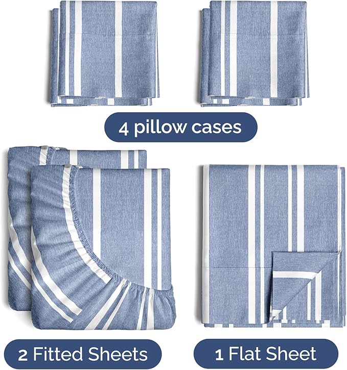 Split King 7 Piece Sheet Set - Cooling & Breathable Bed Sheets - Hotel Luxury Bed Sheets for Women, Men, Kids & Teens - Deep Pockets - Easy Fit - Soft & Wrinkle Free - Split King Blue Stripes Sheets