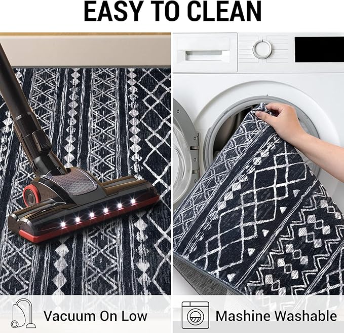 KUTA Moroccan Washable Kitchen Rug, 2x7 Non-Slip Vintage Black Boho Hallway Runner Rugs Ultra Soft Distressed Geometric Floor Carpet Runners for Bedroom Laundry Living Room