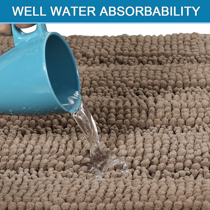 H.VERSAILTEX Bathroom Rugs Sets 2 Piece Non Slip Thick Shaggy Chenille Bathroom Rug Mat Set Extra Soft and Absorbent Striped Floor Rugs, Machine-Washable, Taupe Brown