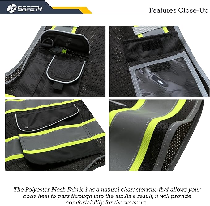 JKSafety 9 Pockets High Visibility Zipper Front MESH Black Safety Vest | Black with Dual Tone High Reflective Strips | ANSI/ISEA Standards (100-Black, XXL)