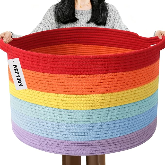 Large Storage Basket with Handle,23.6" x 23.6" x 15.7" Blanket Basket Storage Bins for Organizing,65L Cotton Rope Woven Baskets for Living Room, Nursery ,Bedroom,Rainbow