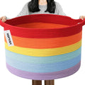 Large Storage Basket with Handle,23.6" x 23.6" x 15.7" Blanket Basket Storage Bins for Organizing,65L Cotton Rope Woven Baskets for Living Room, Nursery ,Bedroom,Rainbow