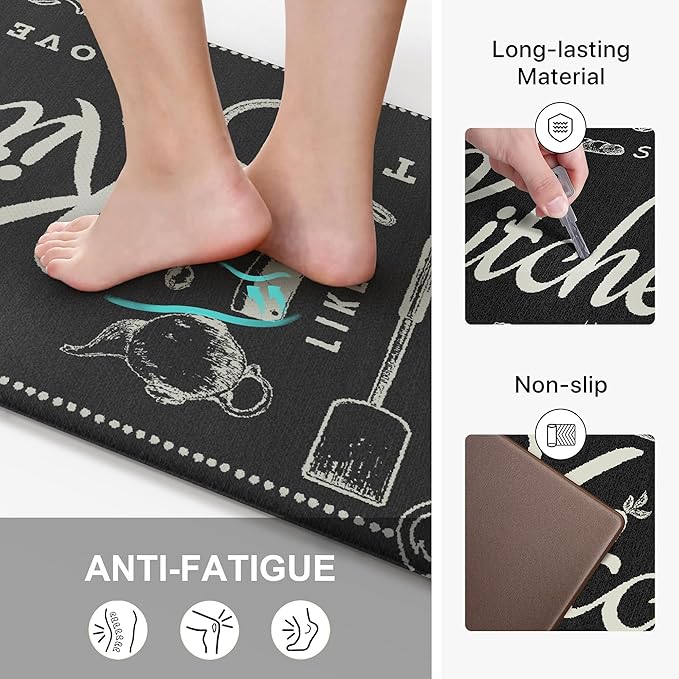 GENIMO Anti Fatigue Kitchen Mats for Floor, Non Slip Washable Kitchen Theme Rugs sets of 2, Farmhouse Cushioned Waterproof Comfort Runner Rug for Kitchen, Sink, Desk, Laundry, 17"x 59"+17"x 30", Black