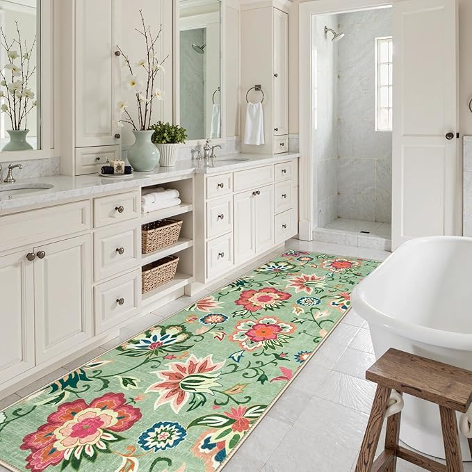 Beeiva Floral Runners for Hallways, Paisley Rug Runners 2x8 Washable with Ultra Thin Low Pile, Non Slip Rugs Carpet for Hall Way Kitchen Bathroom (Light Green,2'x8')