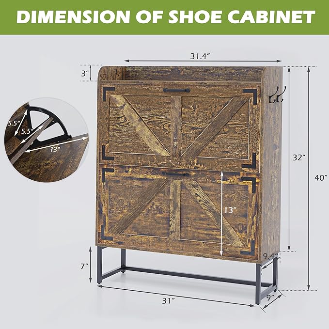 Shoe Cabinet Storage for Entryway with 2 Flip Drawers, 31.5’’ W Hidden Shoe Cabinet with Metal Legs & Hooks, Farmhouse Narrow Shoe Organizer for Hallway, Rustic Brown