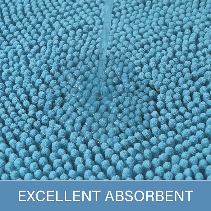LOCHAS Luxury Bathroom Rug Shaggy Bath Mat 24 x 60 Inch, Washable Non Slip Bath Rugs for Bathroom Shower, Soft Plush Chenille Absorbent Carpets Mats, Light Blue