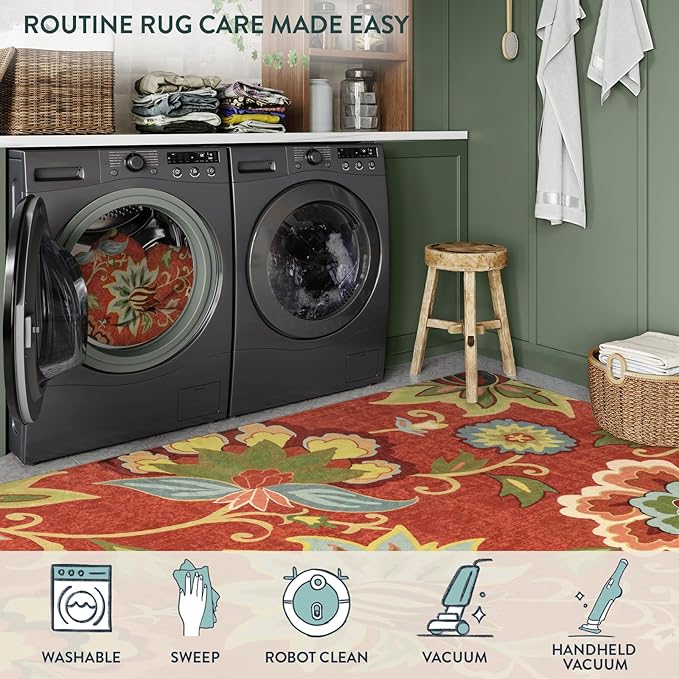Lahome Red Floral 3 ft Round Rug, Washable Christmas Round Area Rugs Small Non Slip Entryway Mat, Throw Circle Vintage Distressed Door Mat Soft Floor Carpet for Bedroom Living Room Kitchen Office