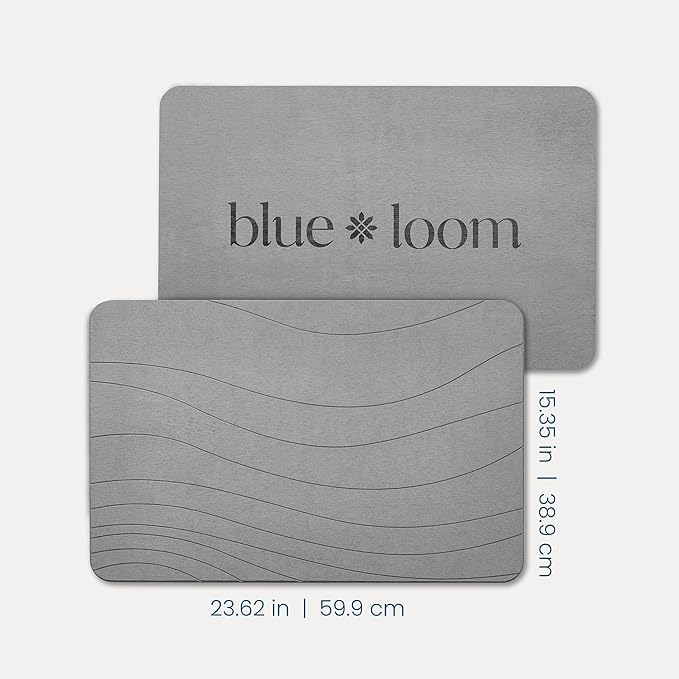 Blue Loom Stone Bath Mat, Premium Non-Slip Diatomaceous Earth Bathmat, Absorbent and Quick Drying to Elevate Your Bathroom, Dry Floor or Kitchen, Easy to Clean Spa Experience 15.3" x 23.6" - Grey
