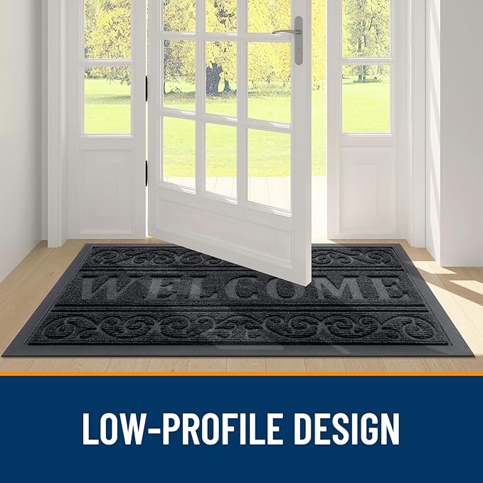 OLANLY Welcome Door Mat Indoor Outdoor Entrance, Heavy Duty Sturdy Front Door Mat, Waterproof All-Weather Doormat, Stain Resistant, Low Profile, Easy Clean Patio Entryway Mat, 59 x 35, Black